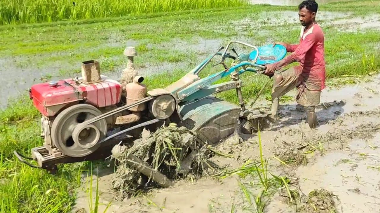 Modern machines,💪🚜 new methods, power tiller wheels tied with bamboo to plow deep land, #jekabhai 