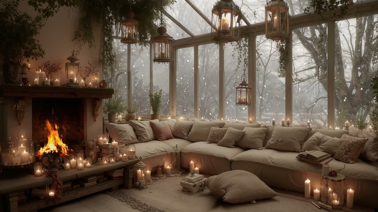 Winter Fireplace Night Ambience in the Forest ❄️ Gentle Piano & Falling Snow for Sleep & Relaxation