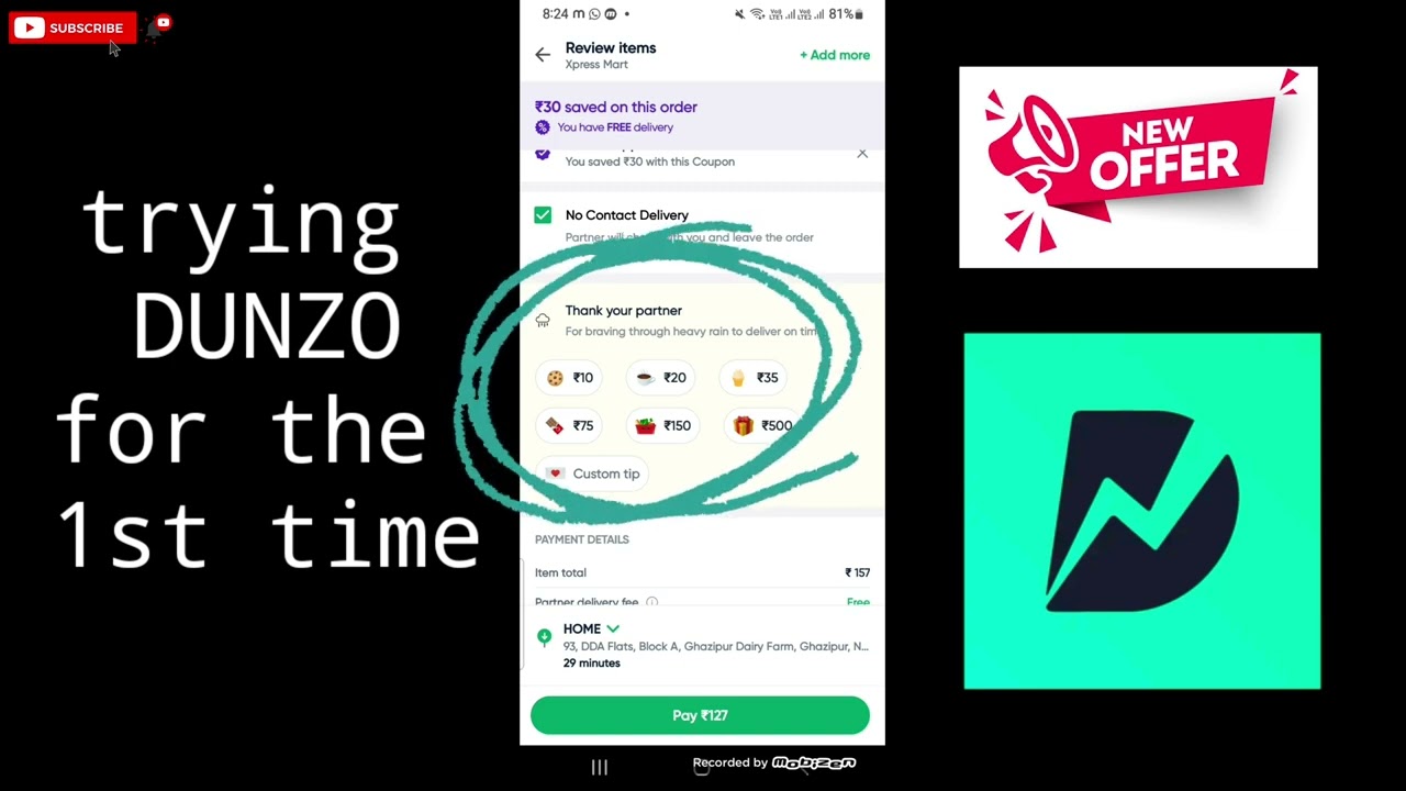 Dunzo app review, using Dunzo app for the 1st time, ALL offers details.
