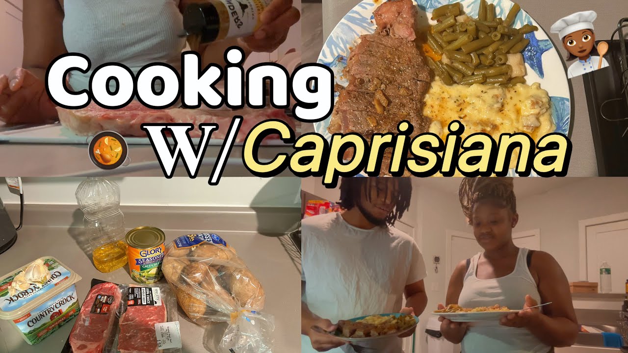 Cooking W/ Caprisiana👩🏾‍🍳: Buttery Garlic Steak 🥩, homemade mashed potatoes 🥔, & Seasoned Greens 🫛!