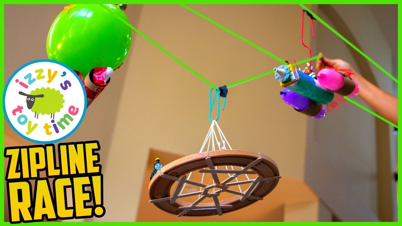 ZIPLINE LEGO TOY RACE?!? Learning and DIY Crafts with Izzy's Toy Time! Family Fun!