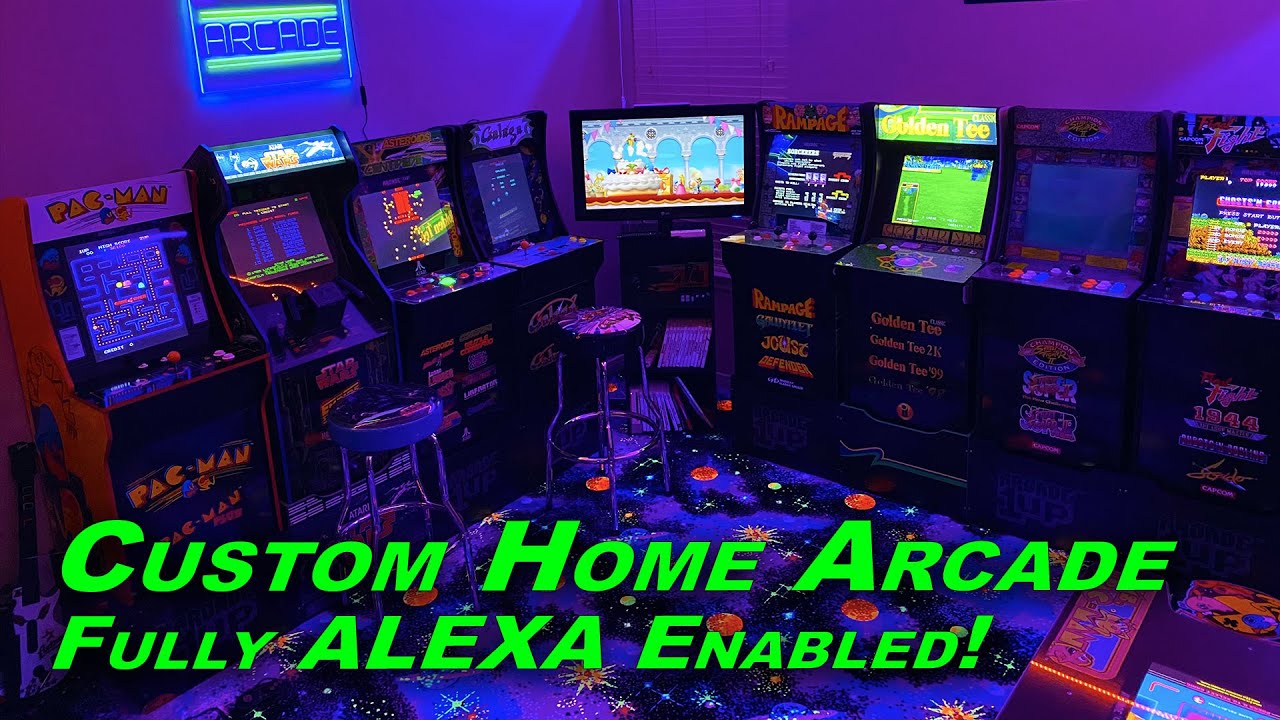 My Custom Home Arcade Tour - Fully Alexa Enabled, Blacklight Carpet, Retrogames, and Arcade 1up's