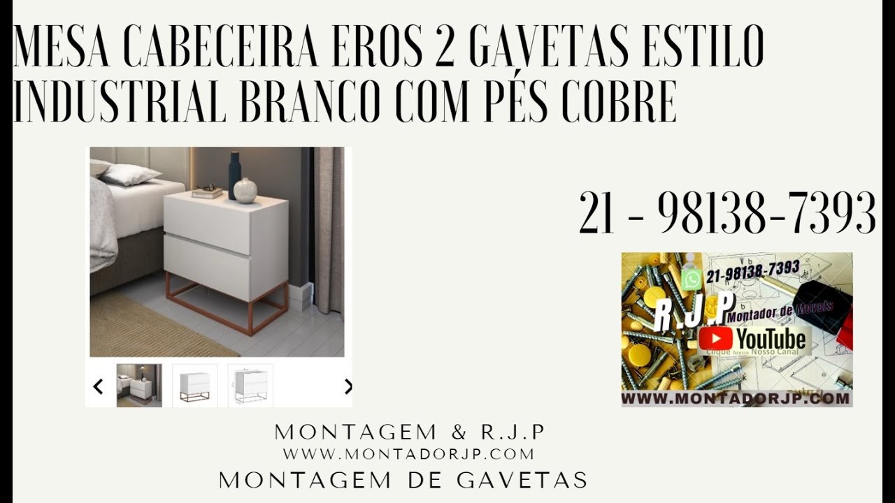 Montagem mesa de cabeceira Eros 2 gavetas com pés de ferro. Criado mudo. Gaveteiro.