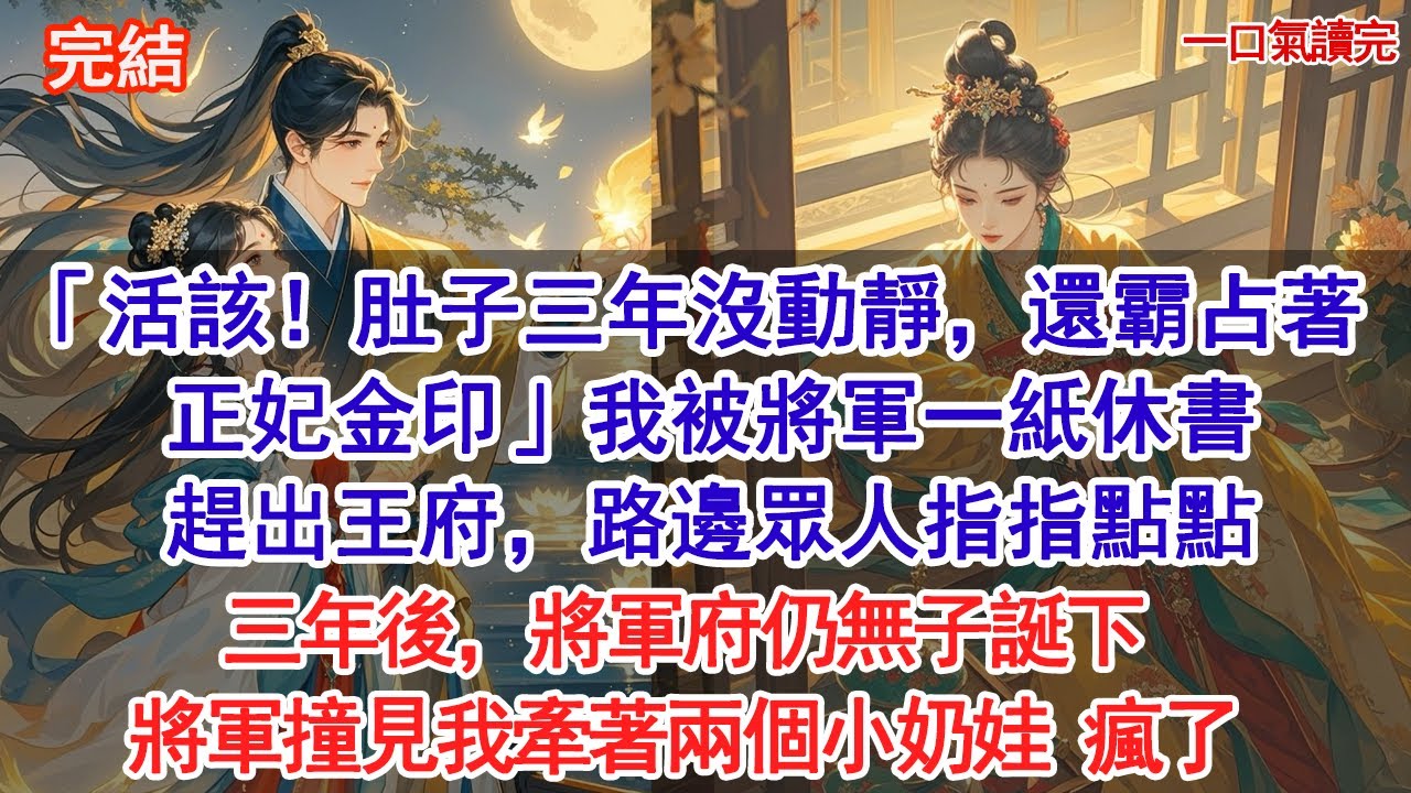 「活該！肚子三年沒動靜，還霸占著正妃的金印」我被將軍一紙休書趕出王府，路邊眾人指指點點。三年後，將軍府仍無子誕下，將軍撞見我牽著兩個小奶娃 瘋了#古風#追妻火葬場#愛情#小說