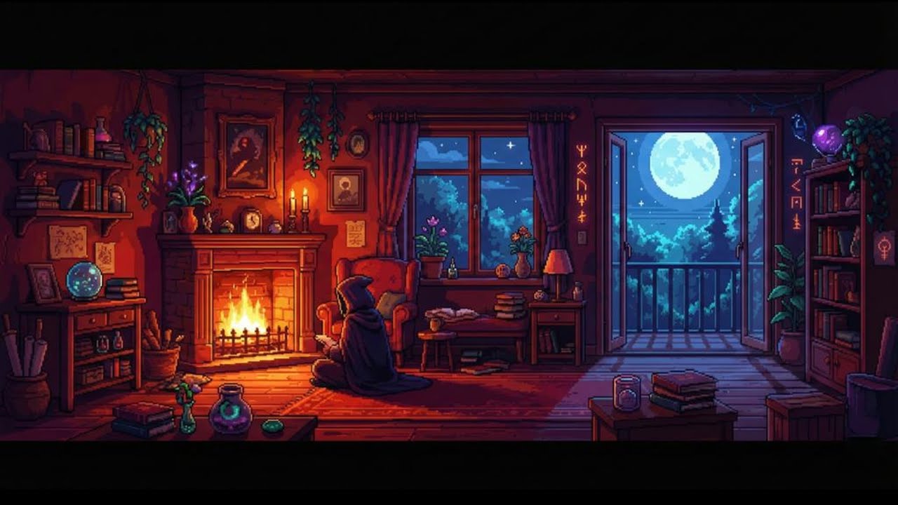 Late Night Wizard's Study 🕯️ Crackling Fire & Night Ambience [2 Hours] - 16-Bit Pixel Art