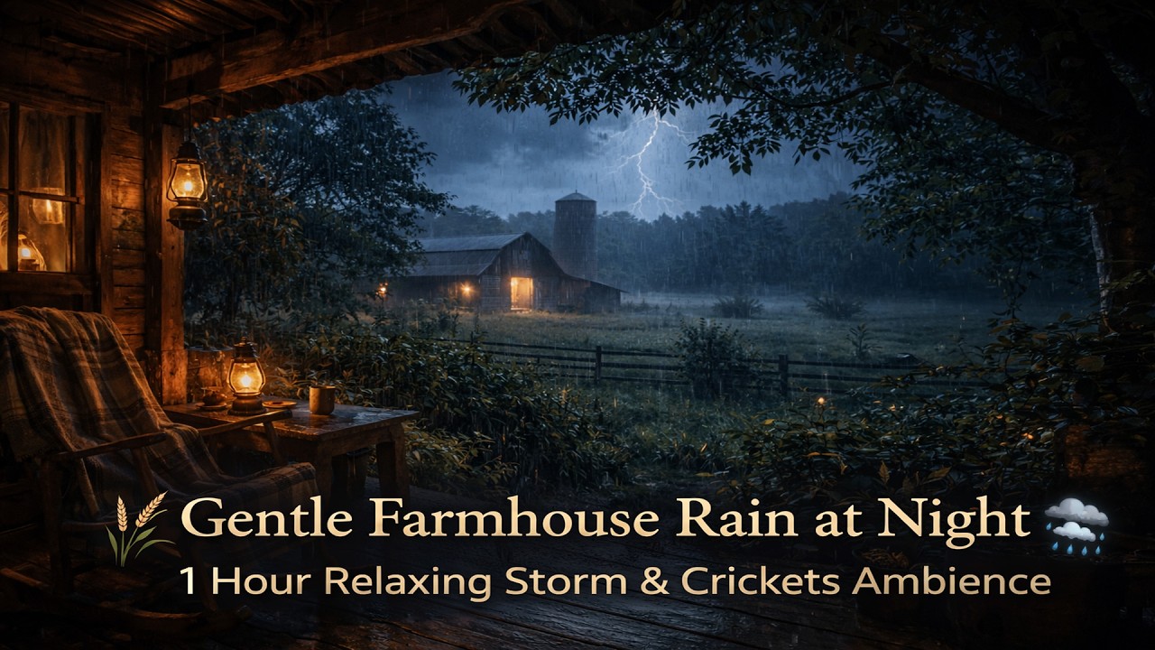 🌾 Gentle Farmhouse Rain at Night 🌧 1 Hour Relaxing Storm & Crickets Ambience