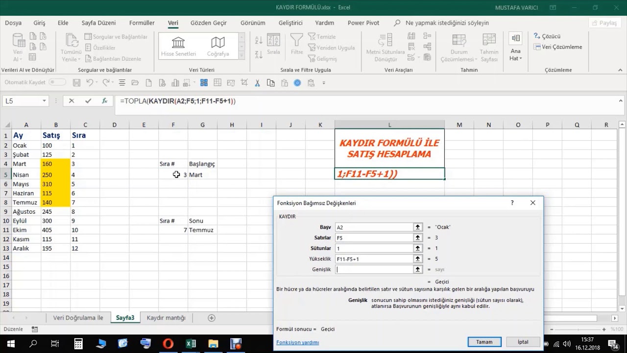45 Dinamik KAYDIR Form&uuml;l&uuml; Microsoft Excel