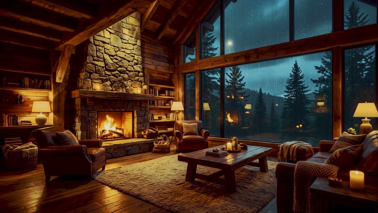 [1HOUR] 4K Rainy Night Fireplace 🔥 Crackling Fire Sounds for Deep Sleep | No Music I Wallpaper