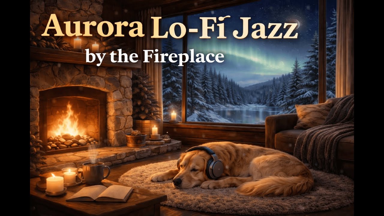 Aurora Lo-Fi Jazz by the Fireplace | Cozy Winter Cabin Ambience (Golden Retriever)