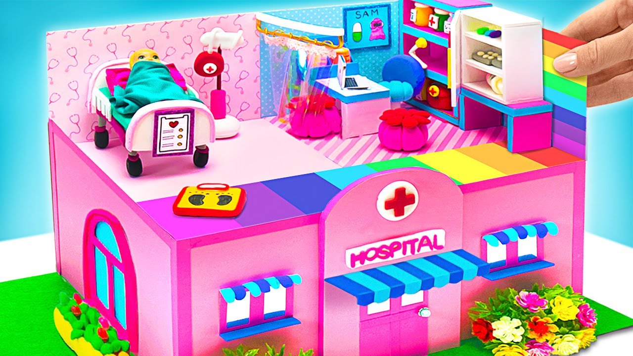 DIY Hospital Miniatura Rosa e Kit de Médico! 🏥💖 Artesanato fácil de argila e papelão para crianças