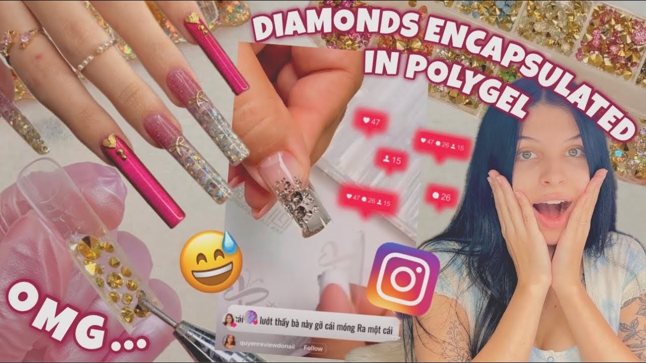 TRYING INSTAGRAM VIRAL DIAMONDS ENCAPSULATED IN POLYGEL NAIL HACK | CRAZY NAIL ART DESIGN TUTORIAL