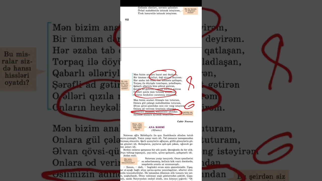 6 sinif ədəbiyyat dərsliyindən səh 152,153,Cabir Novruz 