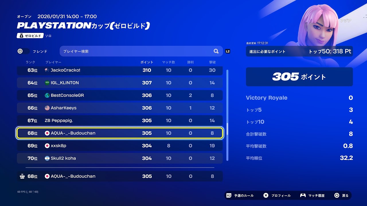 【Fortnite】アジア PlayStationカップ(ゼロビルド) 68位