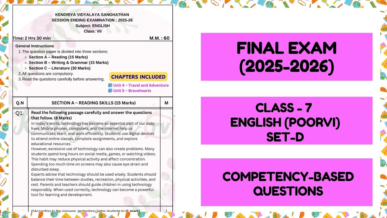 Class 7 English Final Exam Sample Paper Set D | Most Important Questions | Full Practice