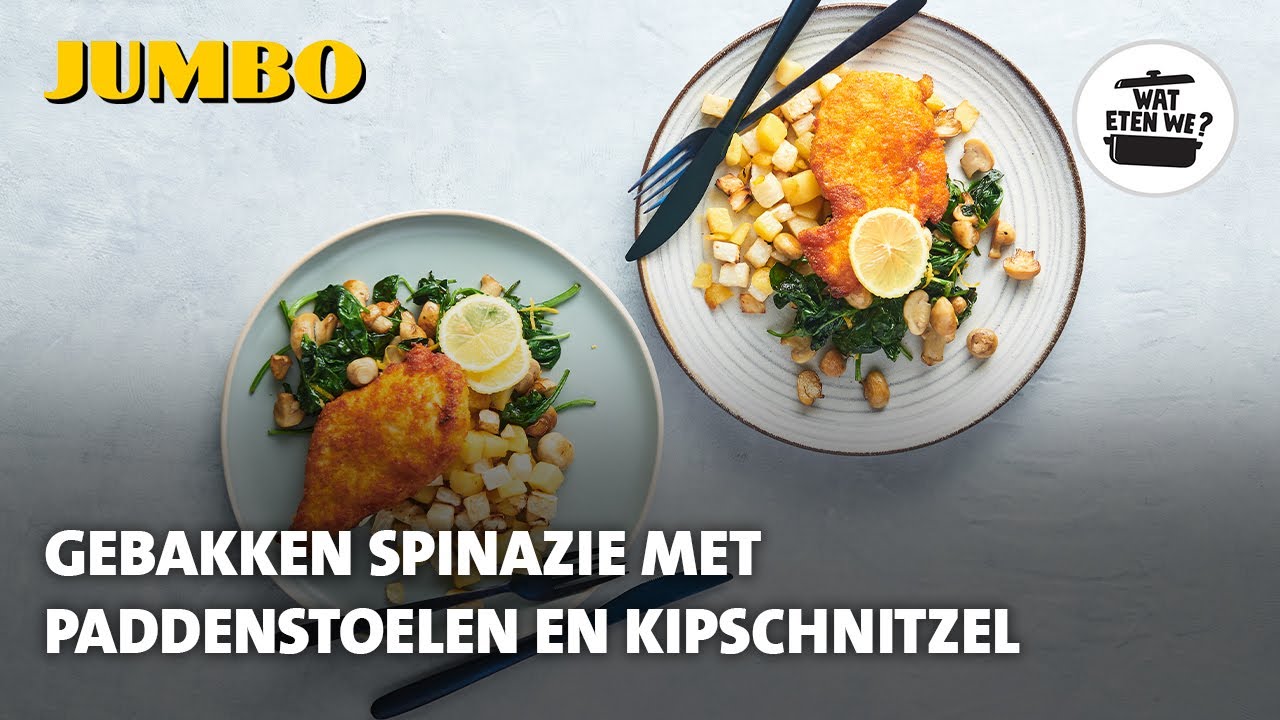 Wat eten we? Gebakken spinazie met paddenstoelen en kipschnitzel