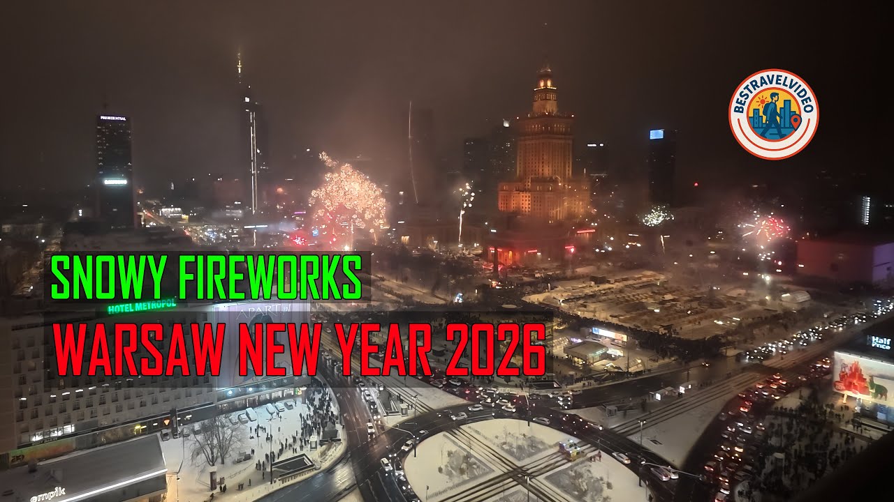 Warsaw New Year 2026 Fireworks Over a Snowy City Center | Palace of Culture View (4K SDR)