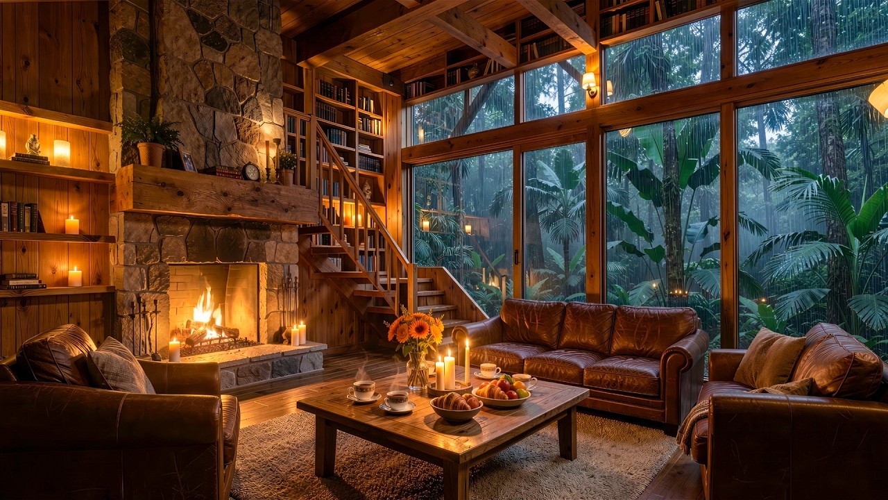 Cozy Rainy Forest Cabin Night ☕ Warm Fireplace Living Room Ambience with Smooth Jazz for Relaxation