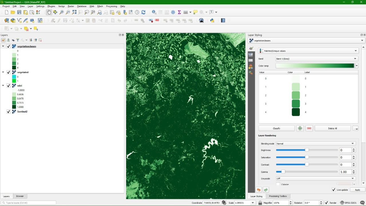 Рассчитайте NDVI из Sentinel 2 и переклассифицируйте в QGIS