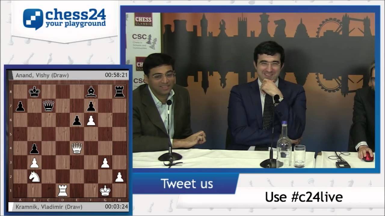 Ананд и Крамник весело обсуждают свою партию — после конференции — London Chess Classic 2014