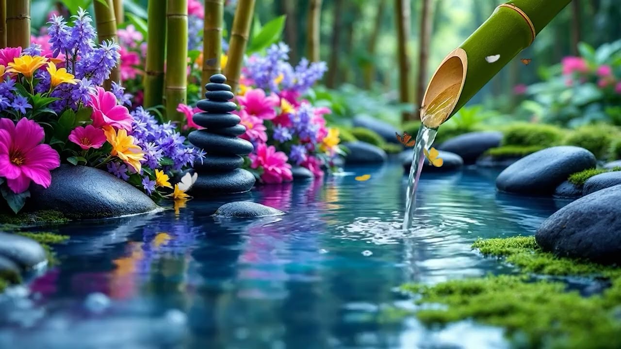 🌿🌺💧🍃🌸🎶 Soothing Piano Music with Natural Bamboo Water for Nighttime Relaxation