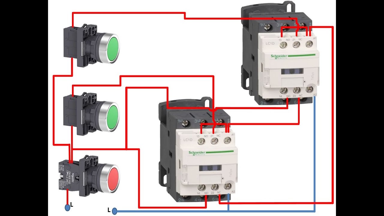 Conexión de dos contactores magnéticos para invertir el giro de un motor trifásico (reversible)