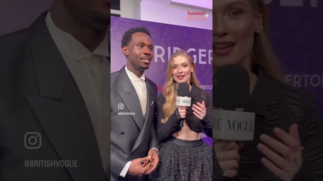 Hannah Dodd e Victor Alli para a British Vogue na premiere da 4ª temporada de Bridgerton.