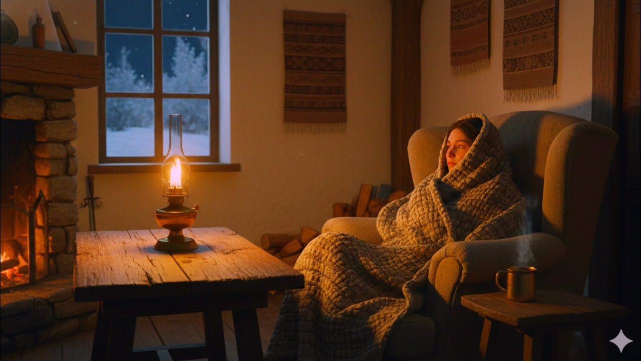 Snow falling outside the village house|A slow day of warm bread and waiting|Ghibli style coze winter