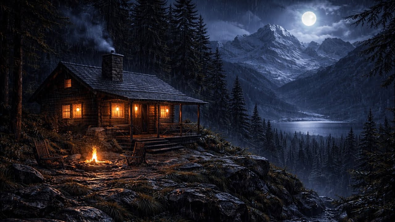 Rainy Mountain Cabin at Night 🌧️ Cozy Campfire & Rain Sounds for Deep Sleep