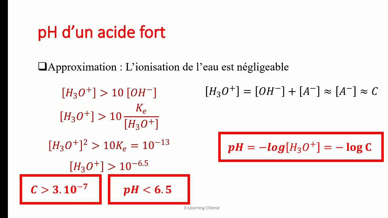 Calculer le pH d'un acide fort & d'une base forte avec les approximations - E-Learning Chimie