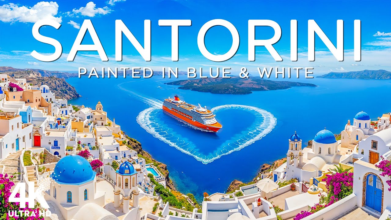 SANTORINI IN STUNNING 4K DRONE FOOTAGE | Iconic Blue Domes, White Cliffs & Aegean Light