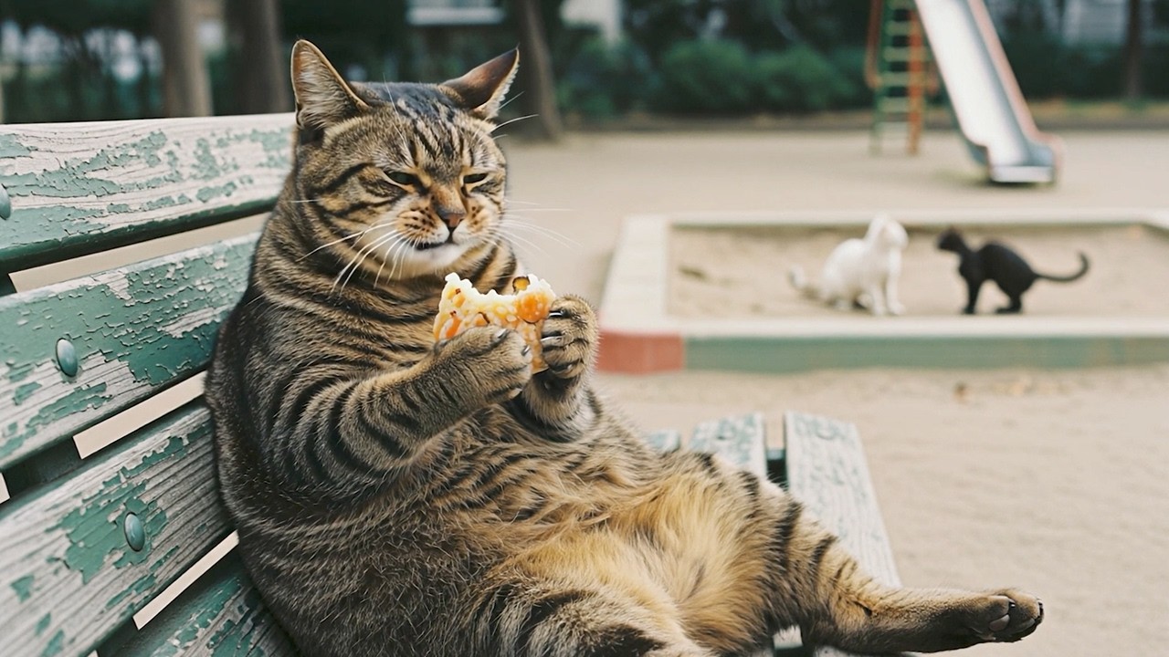 ボス猫の「炊き込みご飯のおにぎり in the park」白猫！黒猫！ケンカはやめなさいッ…！