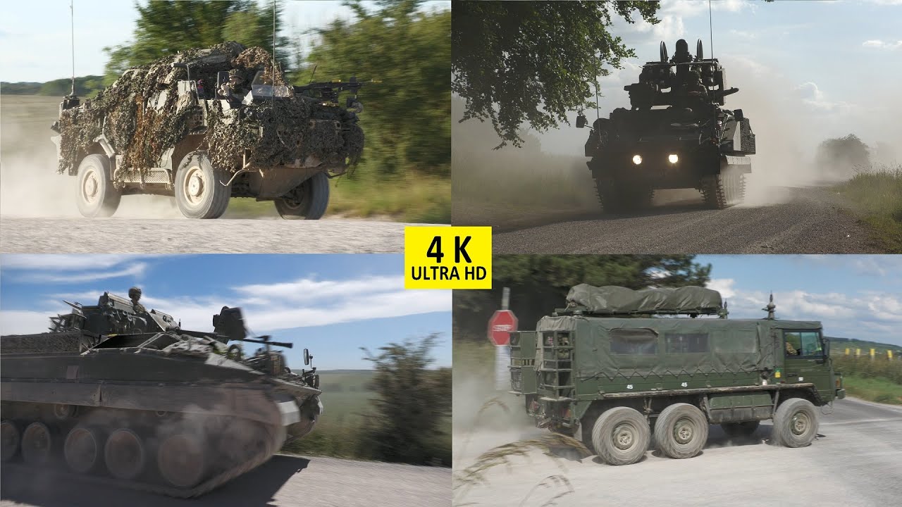 British Army Ajax, Warrior, Stormer, Jackal, Foxhound, Mastiff, Land Rover Defender Wolf, MAN Penman