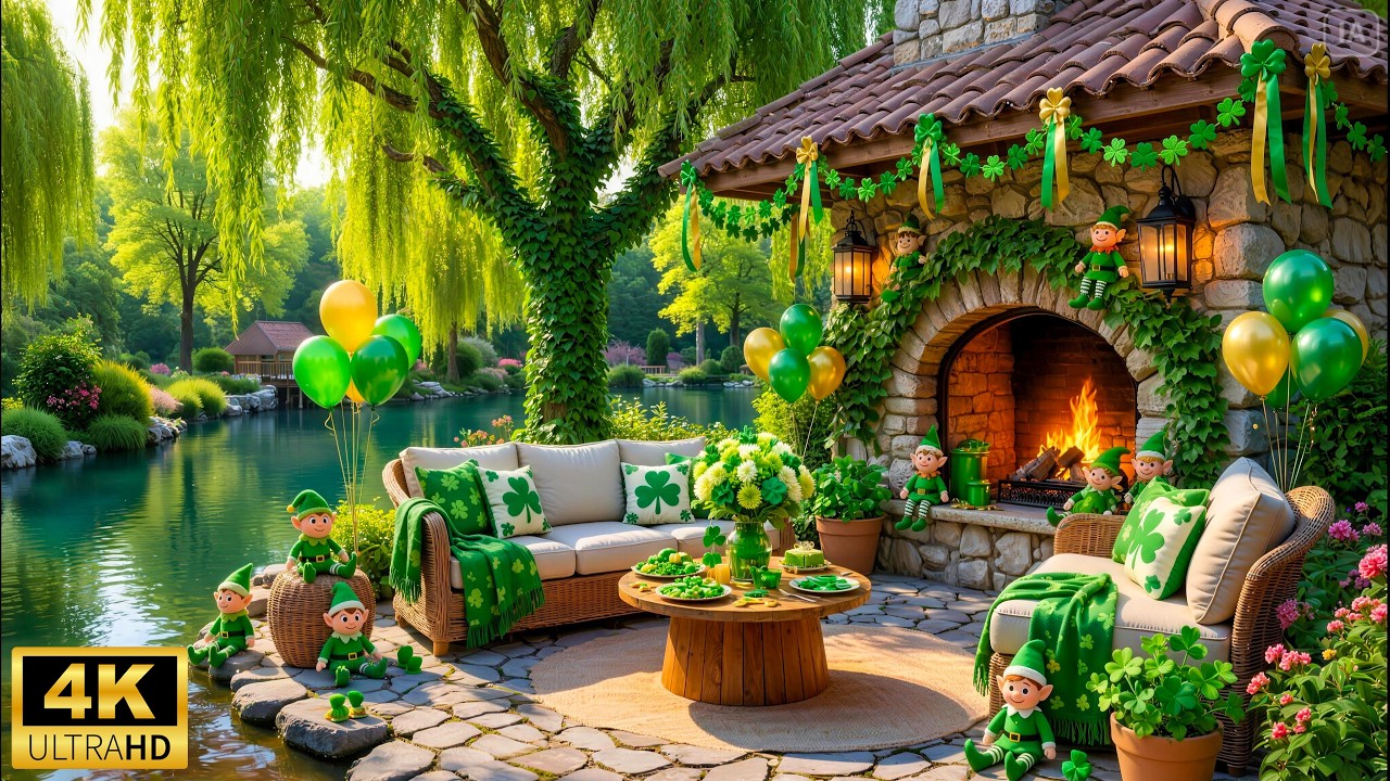 Cozy St. Patrick's Day ☘️ Gentle Spring Piano Music & Crackling Fireplace for Happy Moods