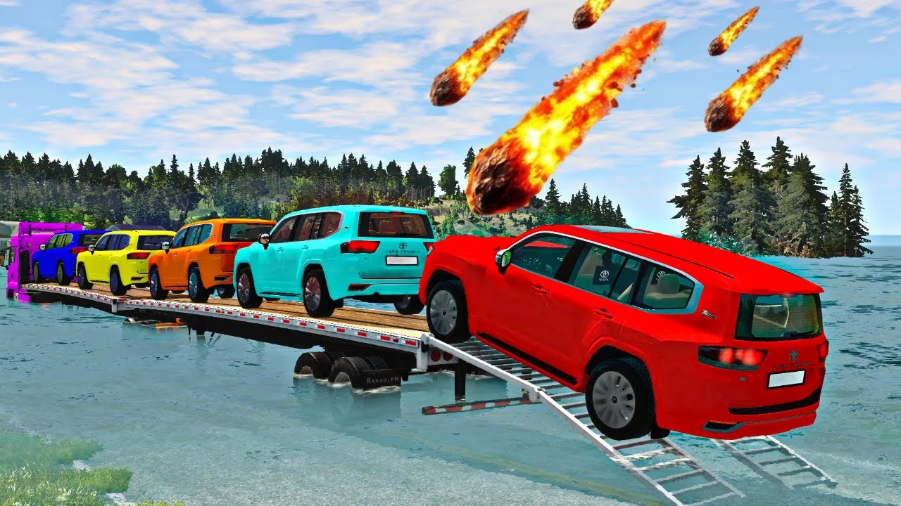 Triple Flatbed Trailer McQueen Transportation with Truck - Speedbumps vs Cars vs Train - BeamNG #22