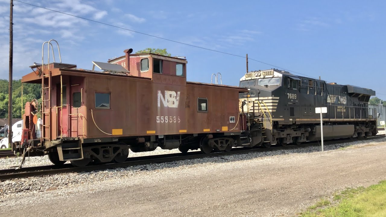 CABOOSE On Norfolk Southern, Coal Train Passes 10 Locomotives, Train Crosses Big Trestle, Kenova WVa