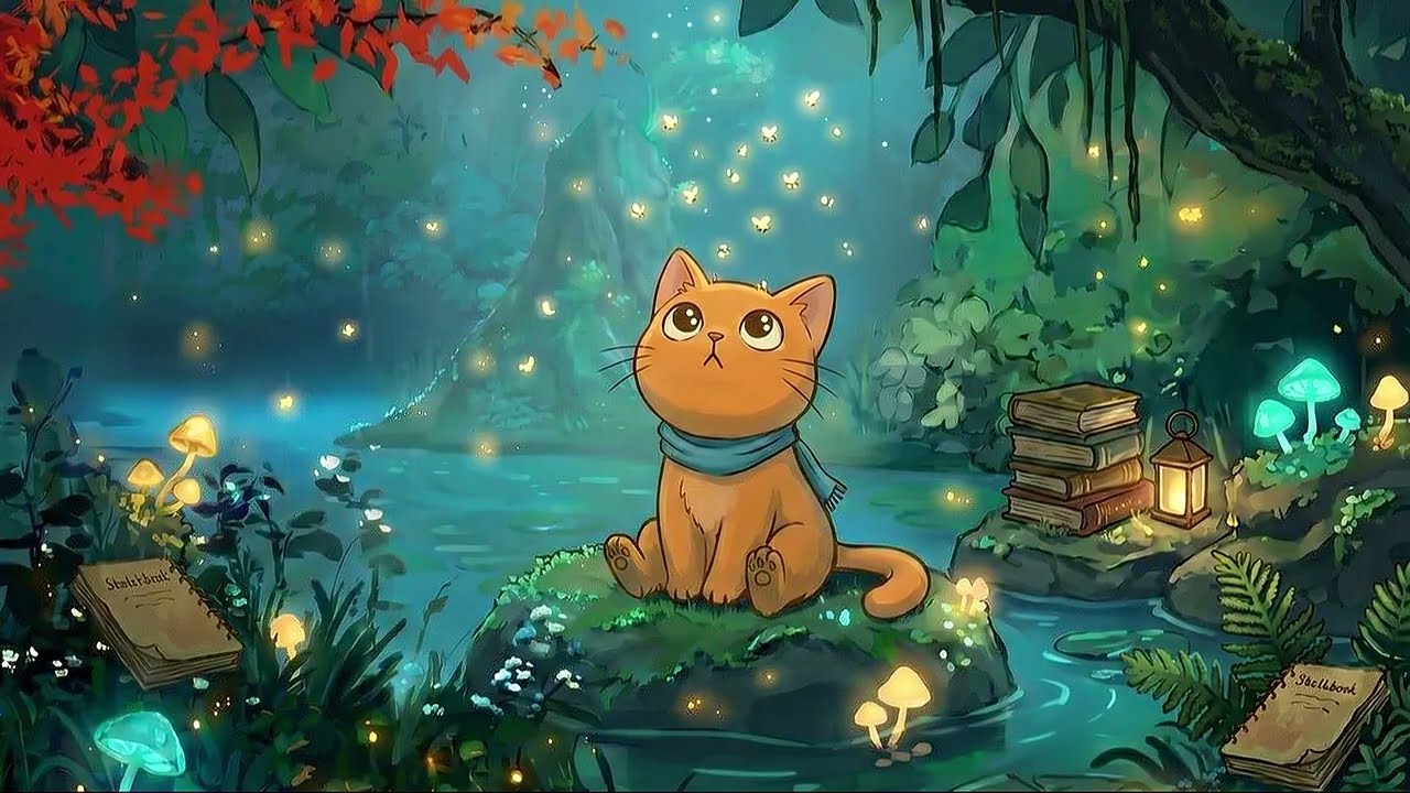 Take a Deep Breath ✨ Spring Forest Fireflies Study Lofi – Cozy Cat Focus Music - 3 Hours