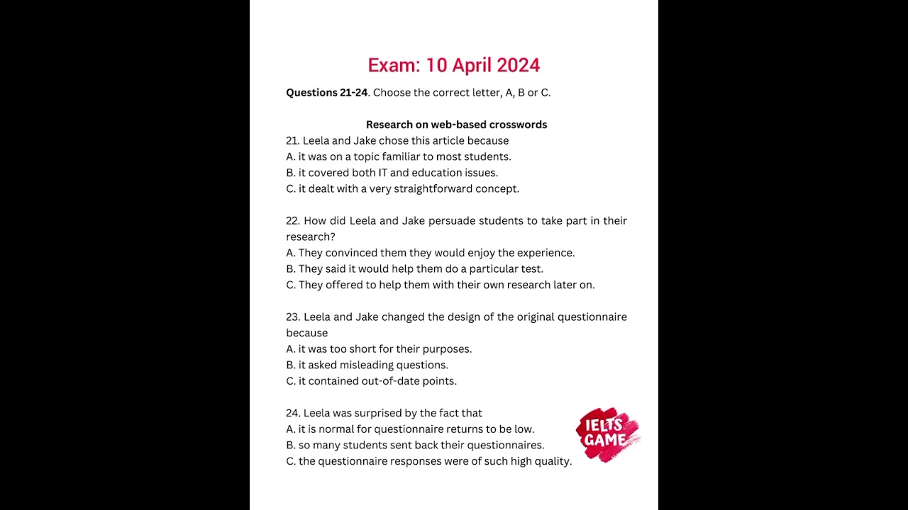 IELTS Listening Real Exam Questions | Research on web based crosswords 