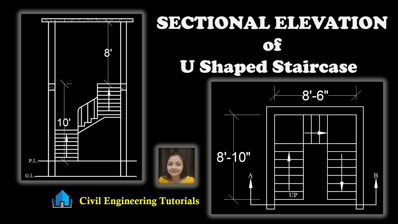 SECTIONAL ELEVATION of U Shaped Staircase  in AutoCAD