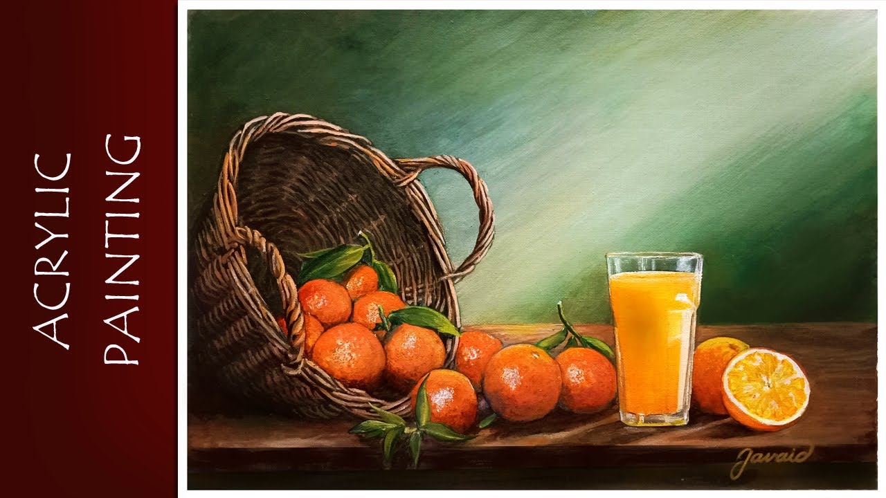 Painting Basket with Oranges and Fresh Juice | Easy Acrylic Still Life Painting Tutorial