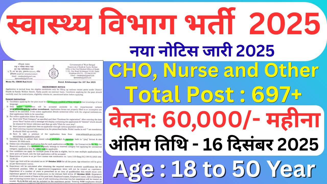 CMOH Nadia Recruitment 2025 - Apply Online for 697 Community Health Officer, Staff Nurse and Other