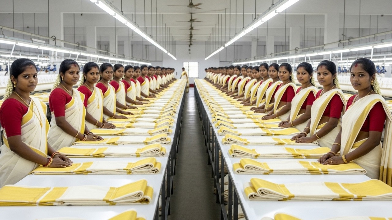 Inside the Kasavu Saree Factory The Incredible Process Behind 50,000 Sarees Daily