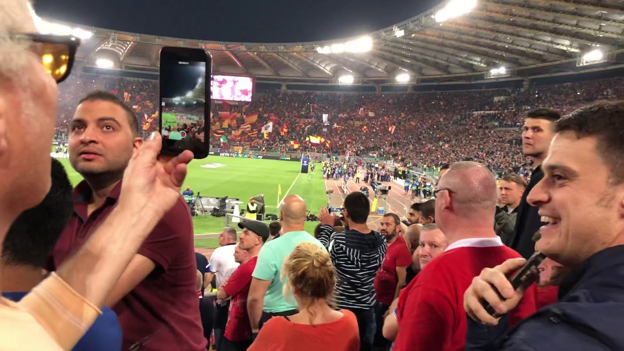 Roma vs Liverpool Away End Liverpool fans Atmosphere! Roma Roma Roma