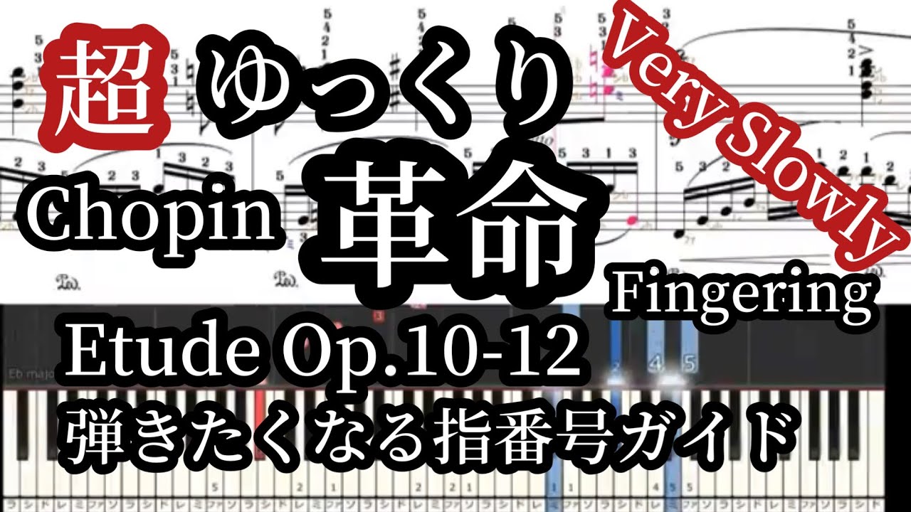 革命のエチュード 超ゆっくり/修正版 ドレミ付楽譜とガイドする指番号【🎹の背景と指番号MIDIあり】 Chopin Etude Op.10-12 Very Slow Piano Tutorial