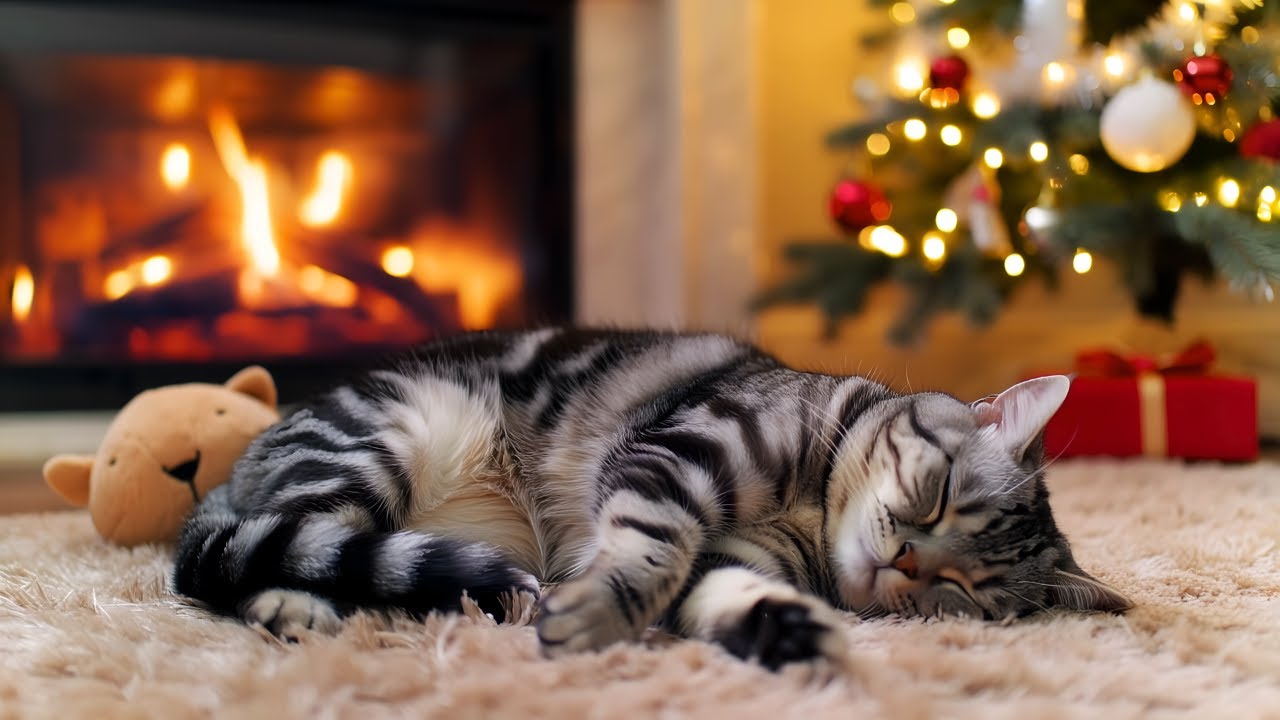 Cat Purring ASMR with Cozy Fireplace 🔥 Deep Sleep Music for Cats and Humans