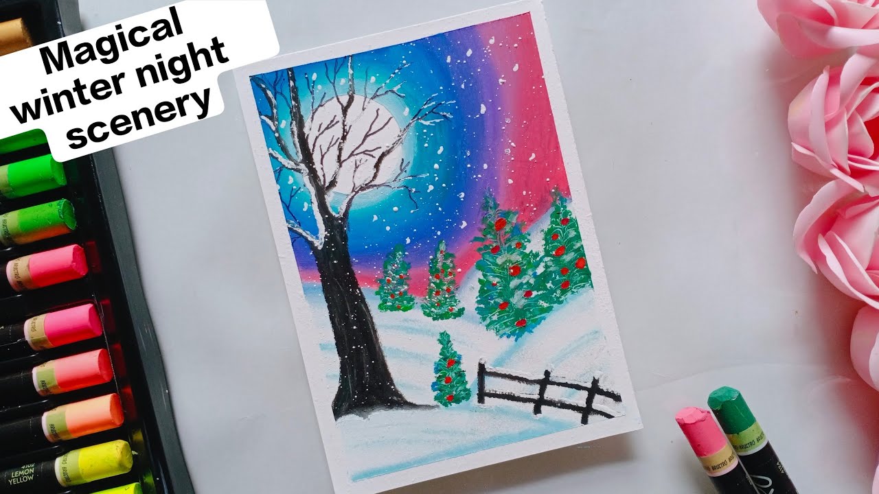 Easy 🪄Magical moonlight snowy night🌨️ scenery//step by step Easy oil pastel drawing for beginners.