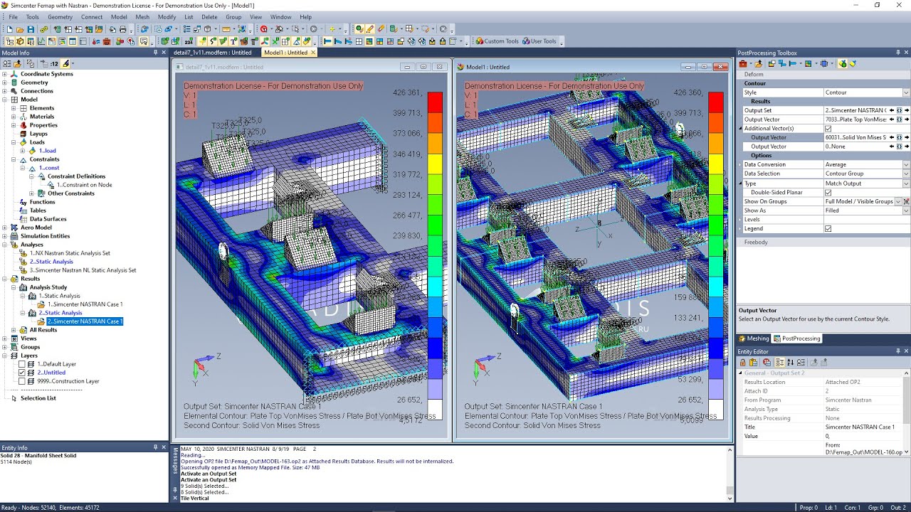 Simcenter Femap: Пример построения КЭМ. Контакт. Симметрия. Отладка. Линейный и нелинейный анализ.