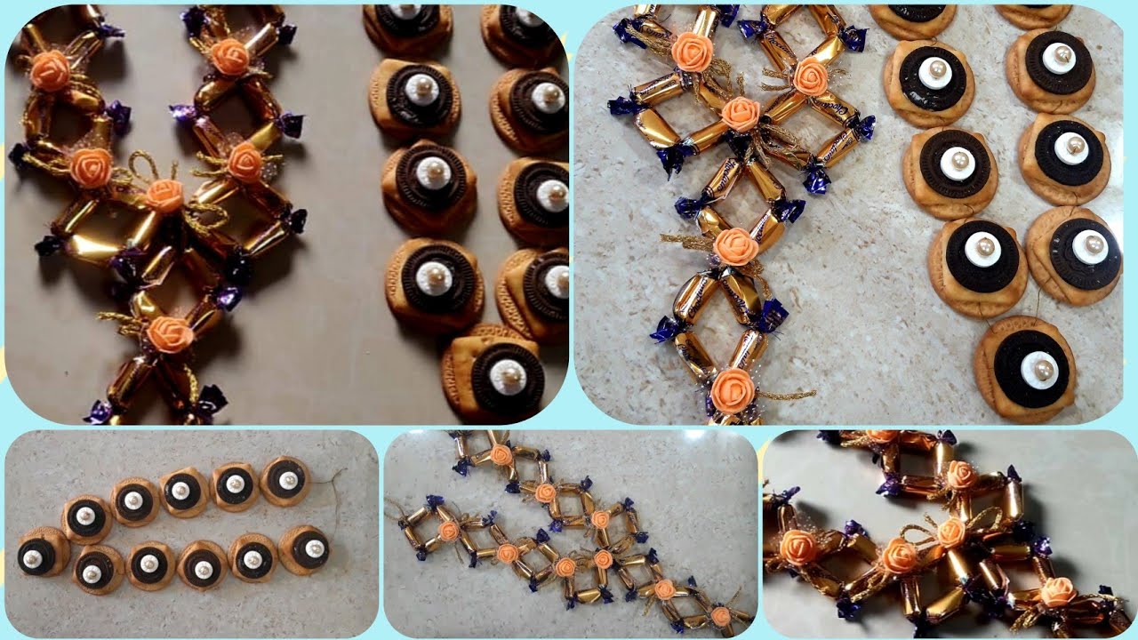 Candy garland making for Holi/ Chocolate garland/ Biscuits garland/Holi garland making with candy