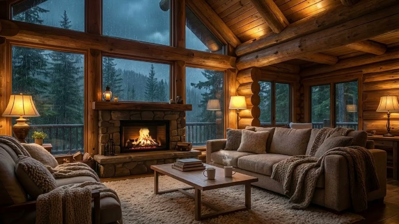 Relaxing Rain Sounds in a Cozy Cabin 🔥 Lake View Fireplace Night