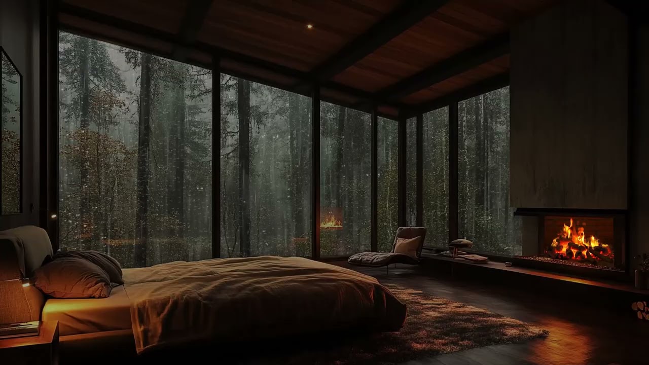 Soothing Rainy Day Vibes | Heavy Rain on Window and Fireplace for Fall Asleep and Relaxation