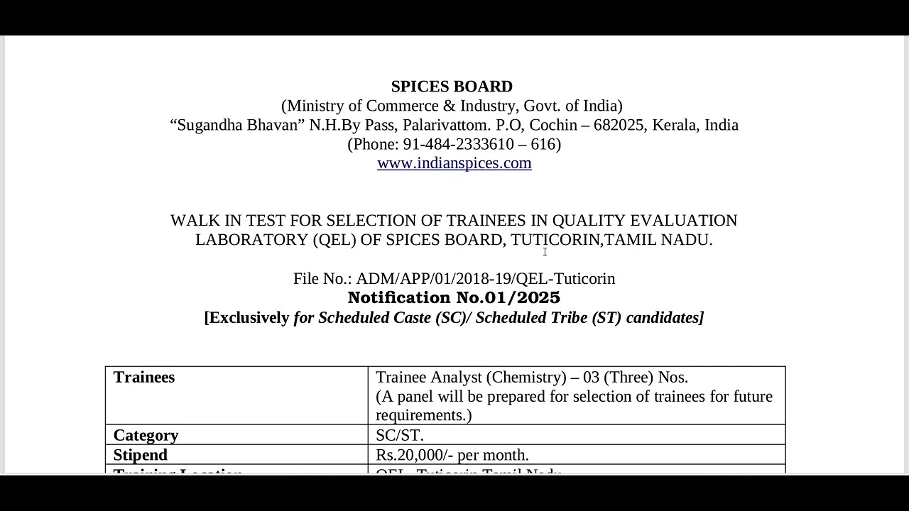 SPICES BOARD RECRUITMENT 2025 - TRAINEE ANALYST POSTS - INTERVIEW ONLY